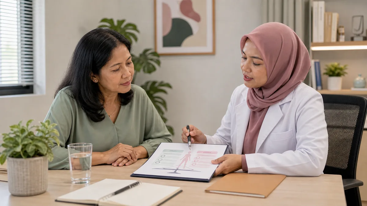 Ringkasan visual manfaat, risiko dan perbincangan terapi hormon menopaus.
