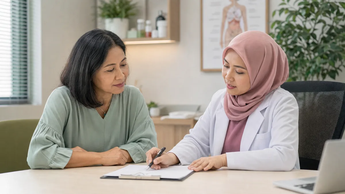 Ringkasan visual fasa menopaus, langkah penjagaan diri dan apabila perlu nasihat klinikal. Apa Itu Menopaus? Panduan Lengkap untuk Wanita Malaysia