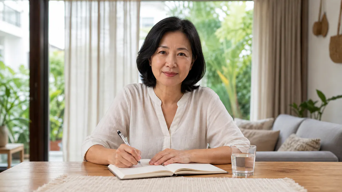 Malaysian Chinese woman recording menopause symptoms in a journal at home.