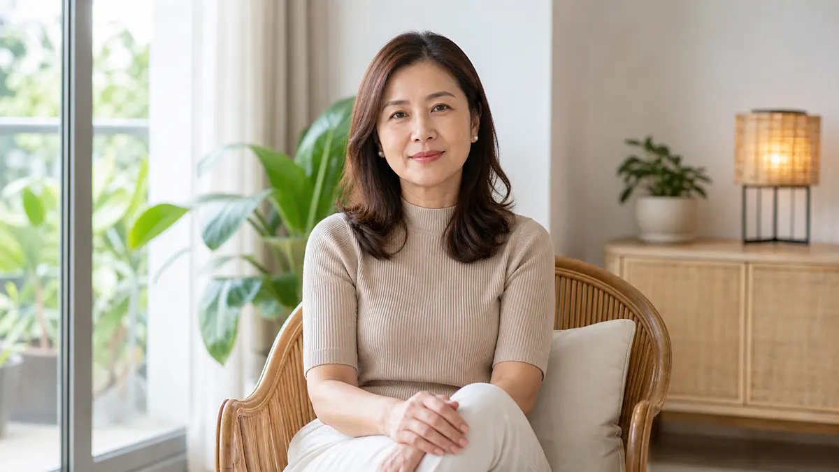 Malaysian Chinese woman reflecting calmly on the stages of menopause.