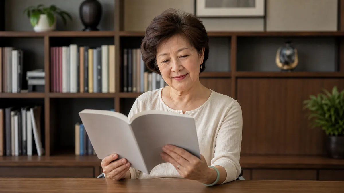 Malaysian Chinese woman reading a menopause health reference book.