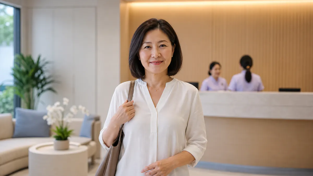 Malaysian Chinese woman arriving at a Malaysian clinic reception.