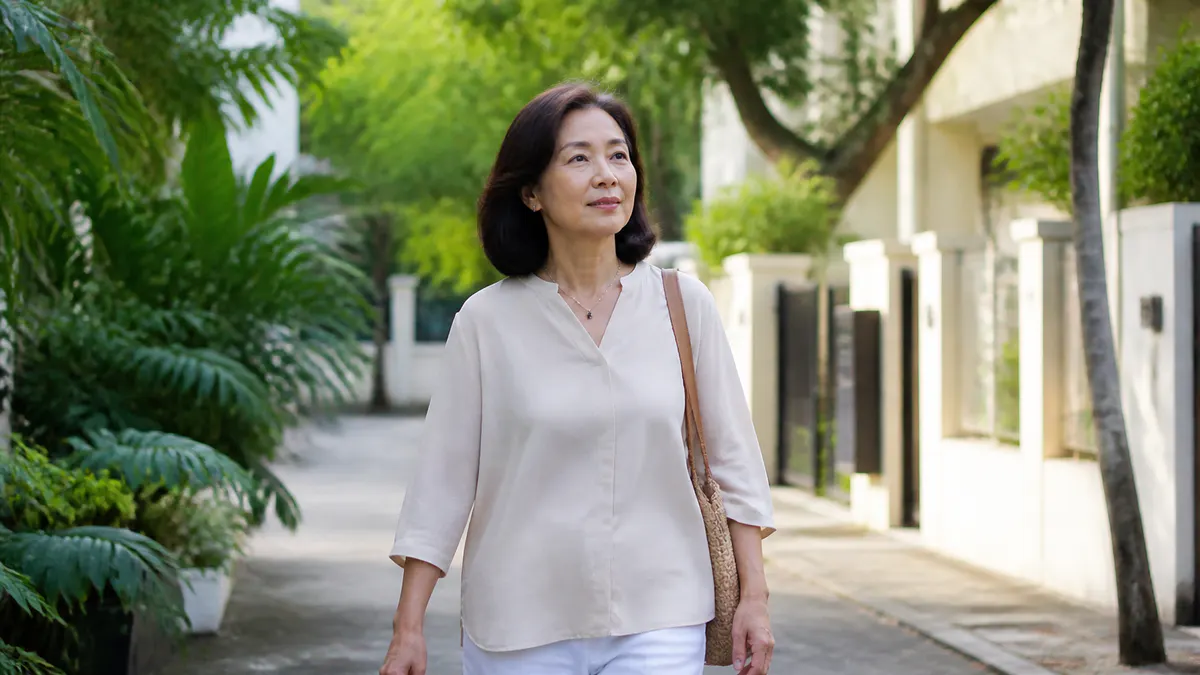 Malaysian Chinese woman walking through a shaded Malaysian neighbourhood.