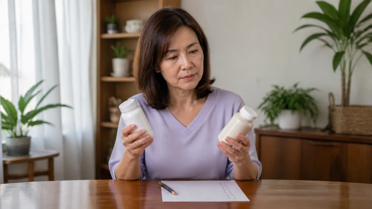 Malaysian Chinese woman assessing unbranded products with a safety checklist.