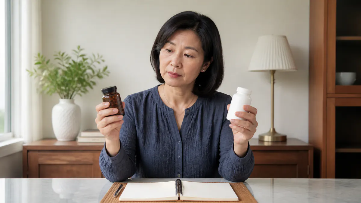Malaysian Chinese woman comparing unbranded wellbeing options.