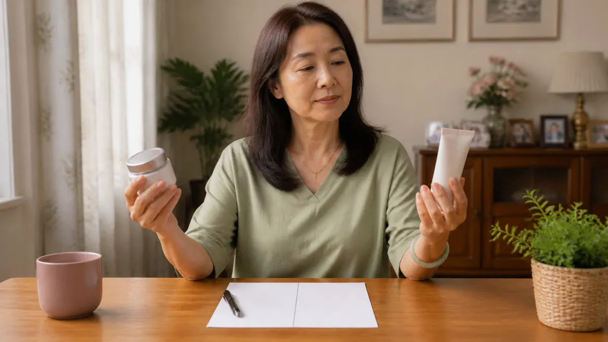 Malaysian Chinese woman comparing two options with pros and cons notes.