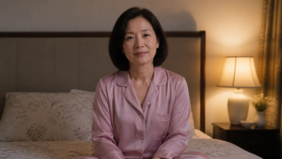Malaysian Chinese woman preparing for sleep in a calm bedroom.