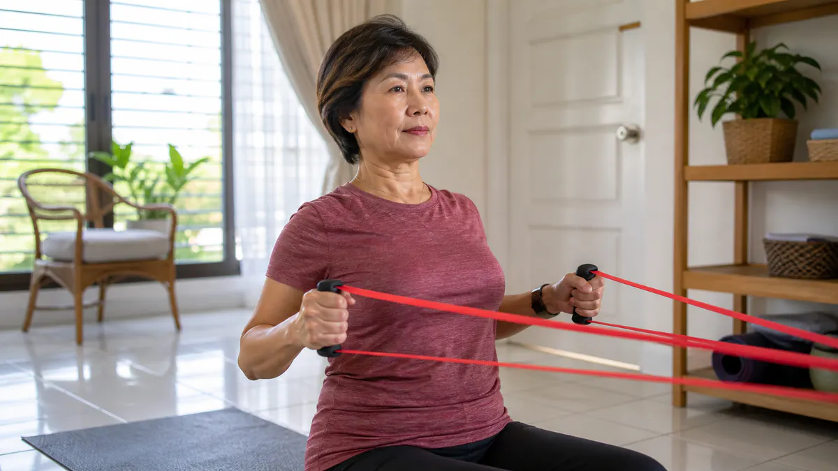 Malaysian Chinese woman exercising safely with a resistance band at home.