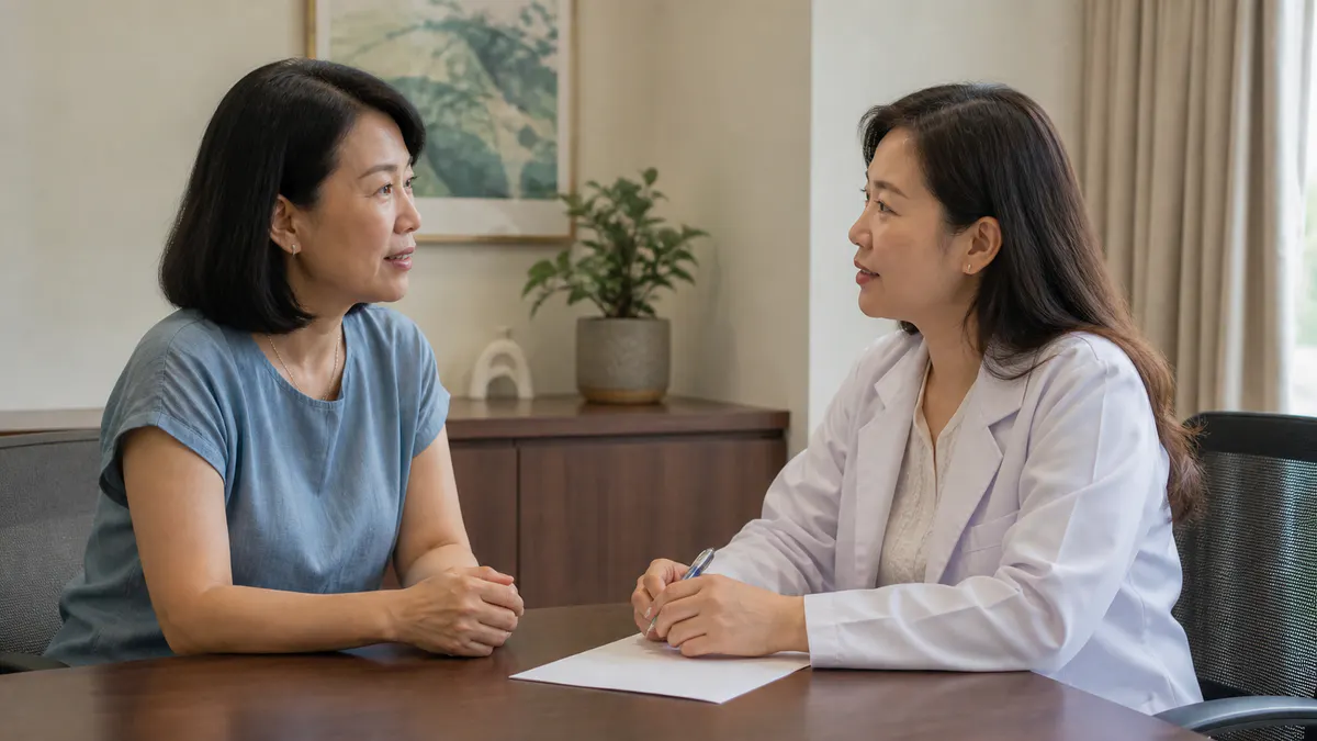 Malaysian Chinese woman having a private discussion with a female clinician.