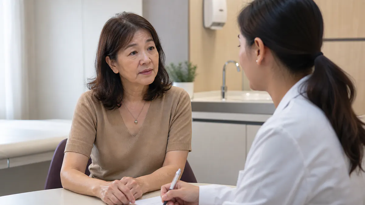 Malaysian Chinese woman discussing preventive care with a clinician.