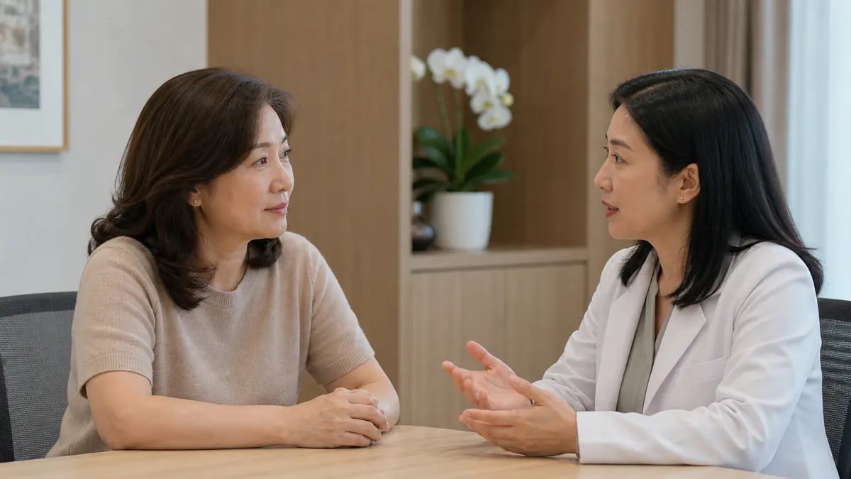 Malaysian Chinese woman and clinician discussing treatment options together.