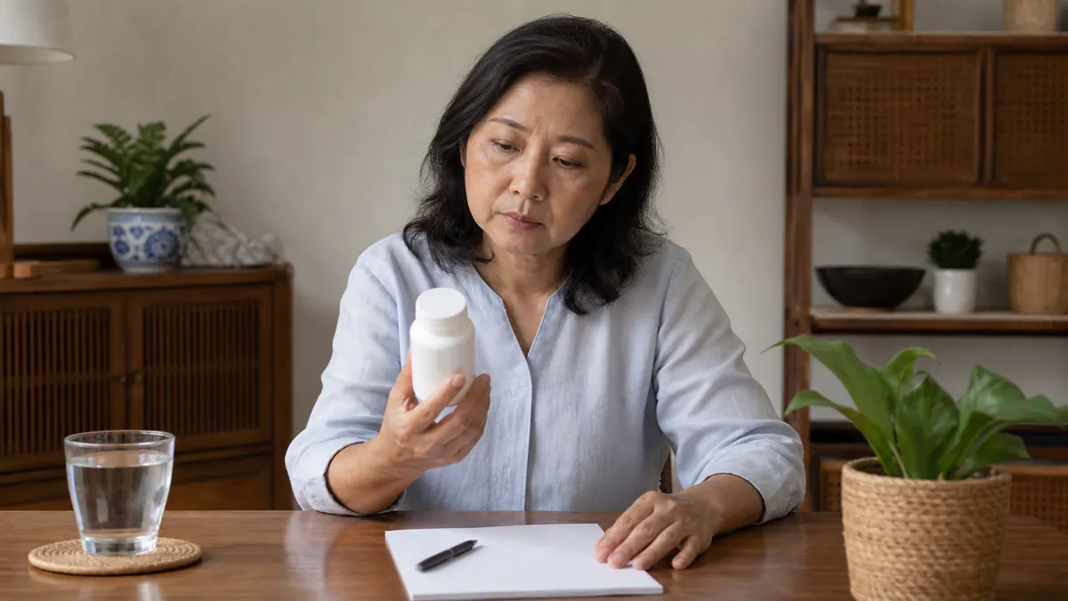 Malaysian Chinese woman carefully assessing an unbranded supplement container.