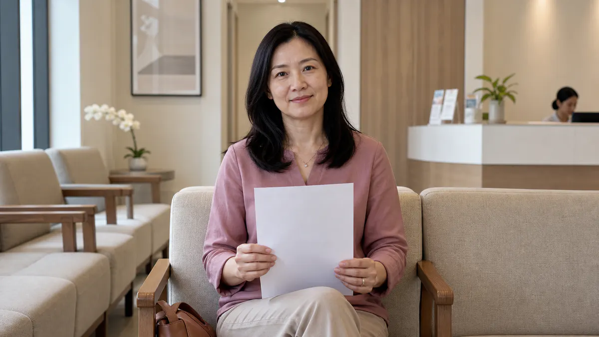 Malaysian Chinese woman preparing for a clinic appointment with a question list.