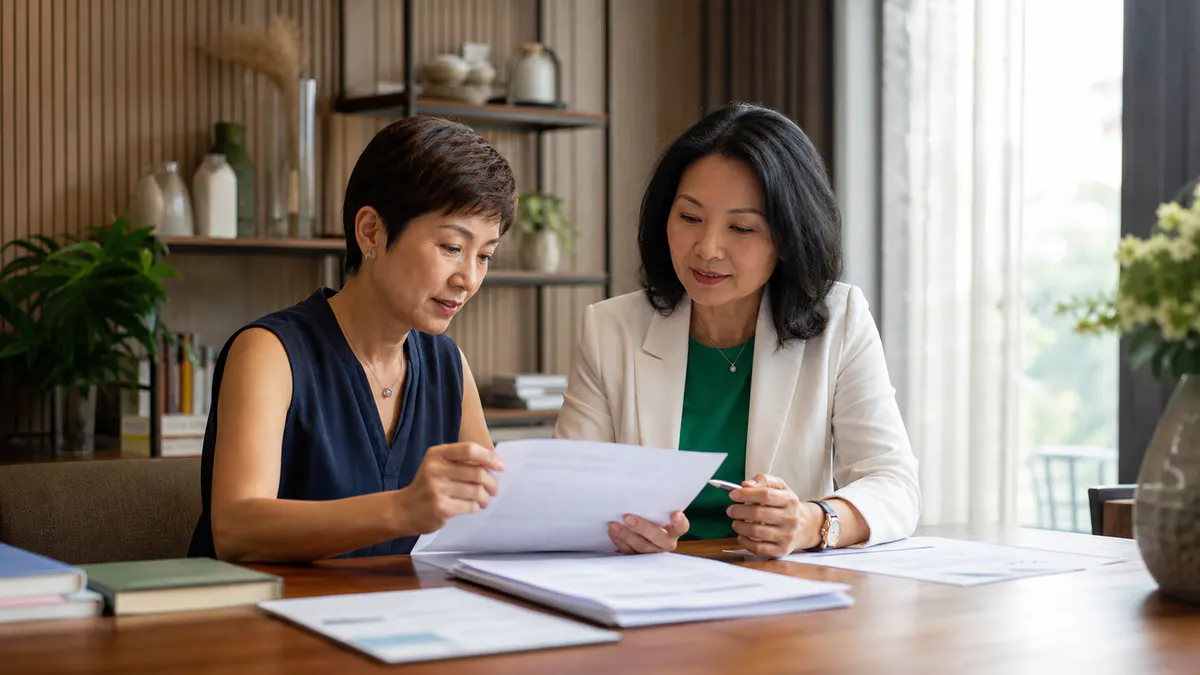 Two Malaysian Chinese women reviewing printed evidence.