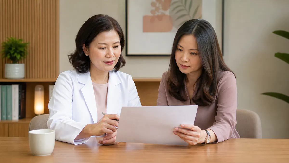 Malaysian Chinese clinician and editor reviewing a health draft together.
