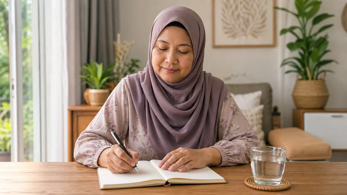 Wanita Melayu mencatat simptom menopaus dalam jurnal di rumah.