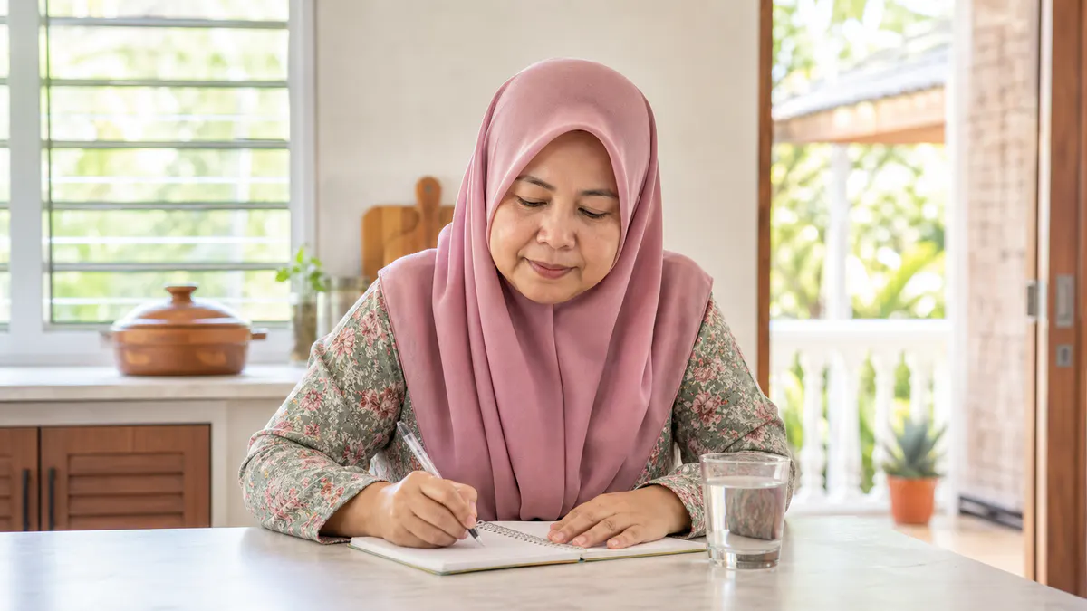 Wanita Melayu merekod simptom menopaus dalam buku nota.