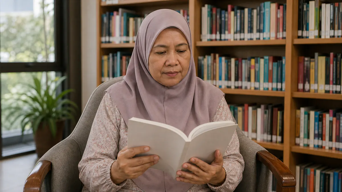 Wanita Melayu membaca buku rujukan kesihatan menopaus.