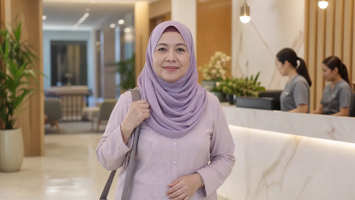 Wanita Melayu tiba di ruang penerimaan klinik Malaysia.