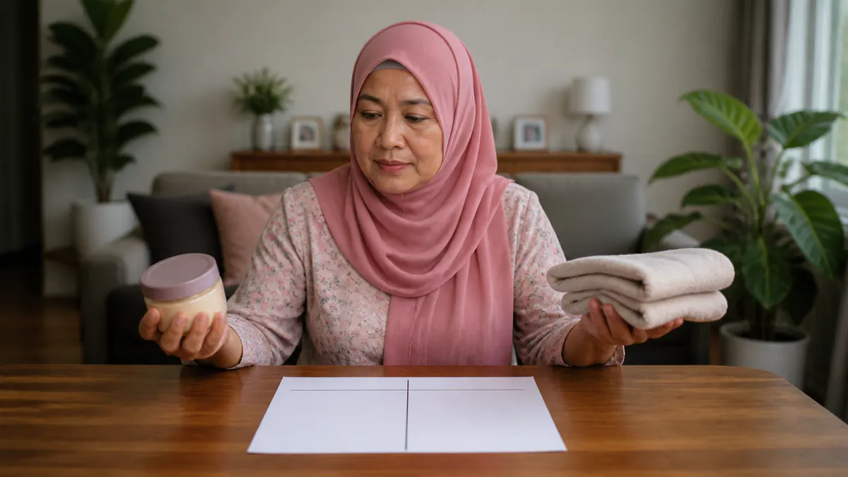 Wanita Melayu membandingkan dua pilihan menggunakan catatan pro dan kontra.