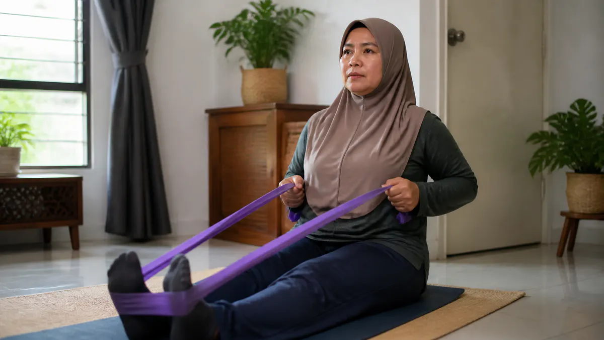 Wanita Melayu melakukan senaman jalur rintangan di rumah.