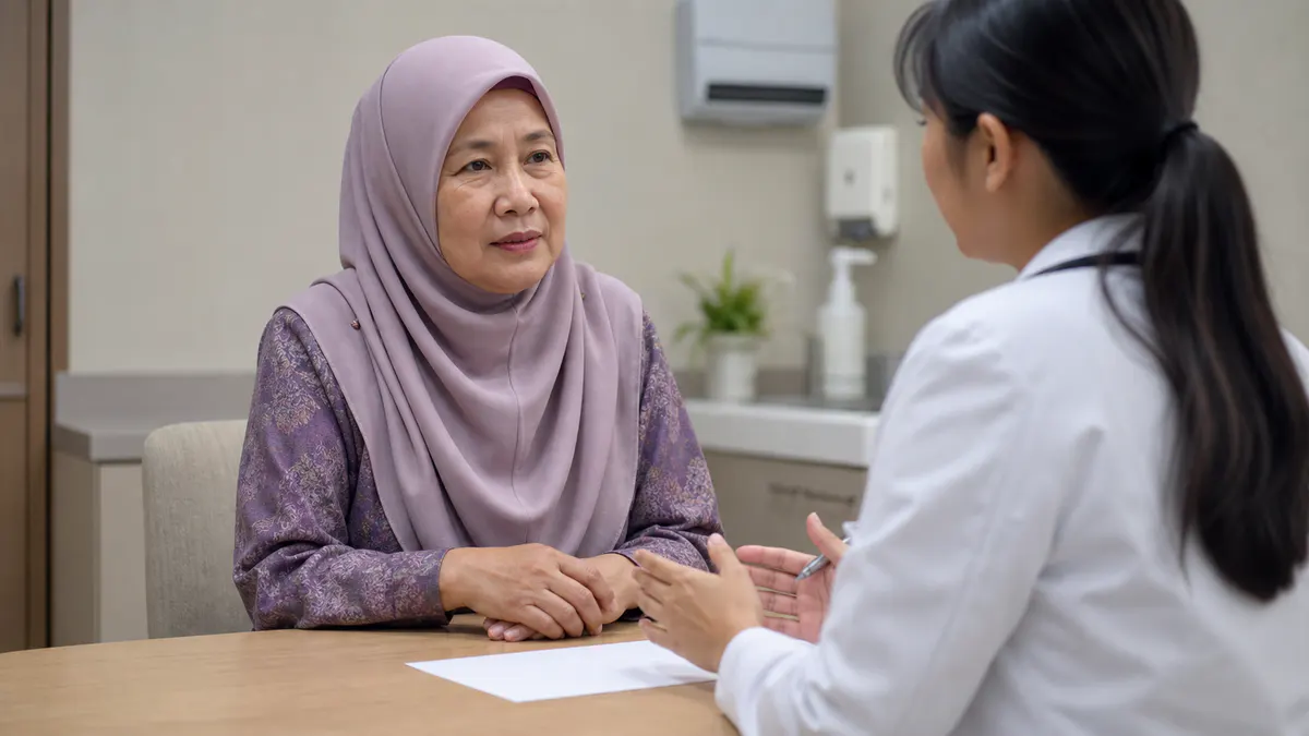 Wanita Melayu berbincang tentang penjagaan pencegahan dengan doktor.