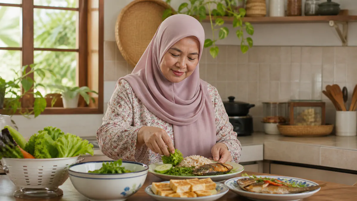 Wanita Melayu menyediakan hidangan Malaysia yang seimbang.