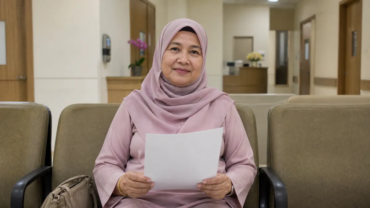 Wanita Melayu bersedia untuk temu janji klinik dengan senarai soalan.