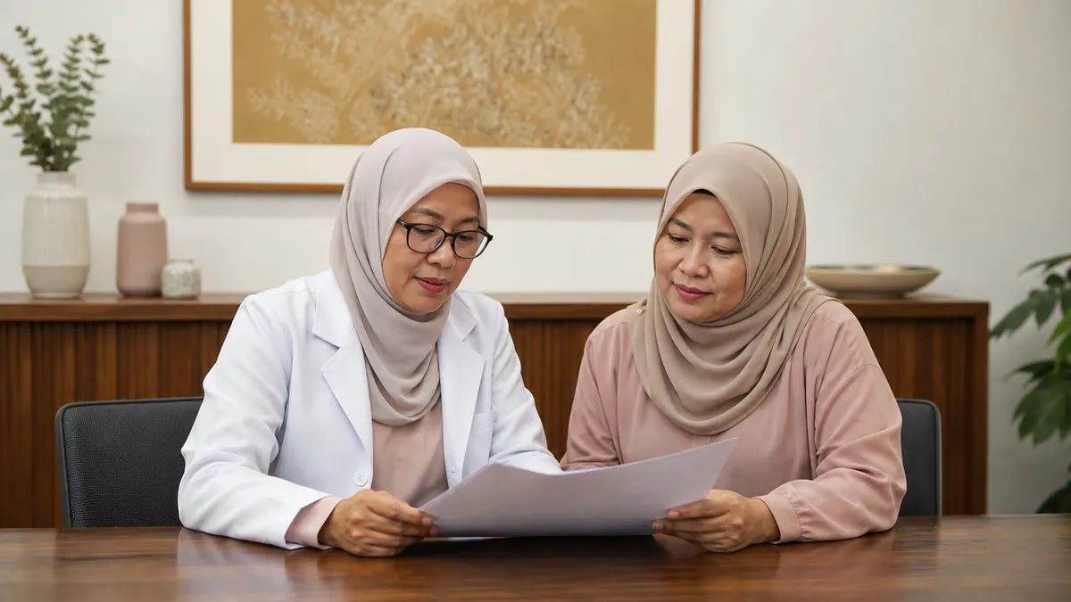 Doktor dan editor wanita Melayu menyemak draf kesihatan bersama.